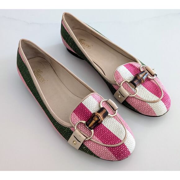Gucci Horsebit Raffia Loafers Pink Green Stripe Size 8.5 Women's Designer Woven - Picture 1 of 12